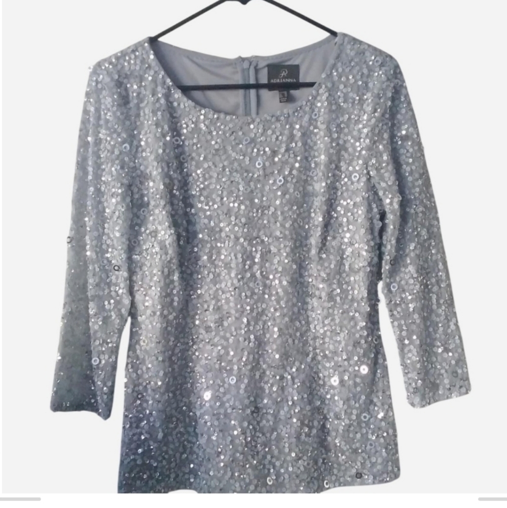 Adrianna Papell Sequin Formal Cocktail Blouse Top Shirt Scoop Neck Silver Med M